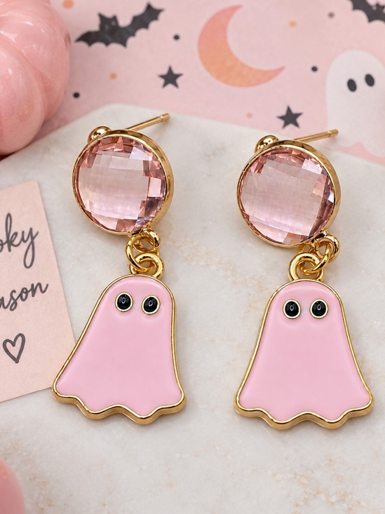 Fashion Jewelry Jewelry - Pink Ghost Earrings Faceted Crystal Gold Tone Spooky Halloween Dangle